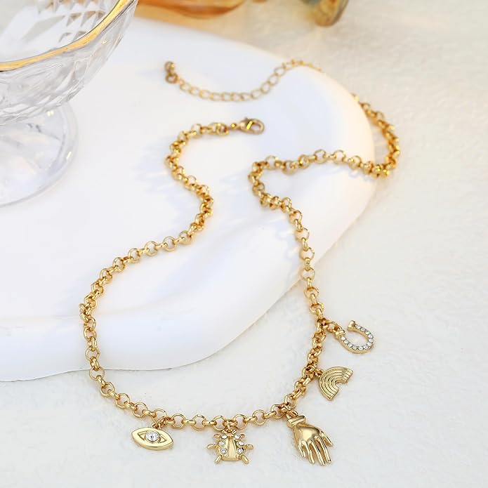 Chunky Gold Necklace for Women Gold Evil Eye Cowboy Pendant Necklace Dainty Paperclip Chain Vintage Luck Amulet Choker Necklaces Celestial Jewelry Gift