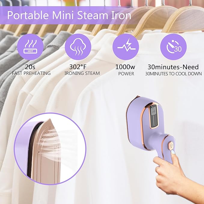 Portable Handheld Steamer for Clothes, 2-in-1 Ironing & Steaming,180° Rotatable Multi-Directional, Mini Travel Steamer,suitable for clothing of suitable sizes/thickness for Dorm Room, Purple