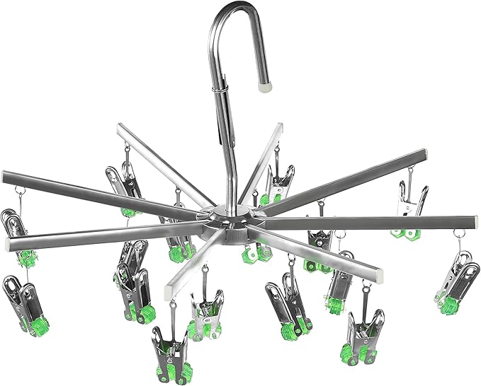 Drying Hanger, Hanging Drying Rack, Drip Hanger Stainless Steel with 16 Pegs for Laundry Underwear Socks, Quickly Remove Clothes from Hanger, Windproof, Folding Portable, (Green)