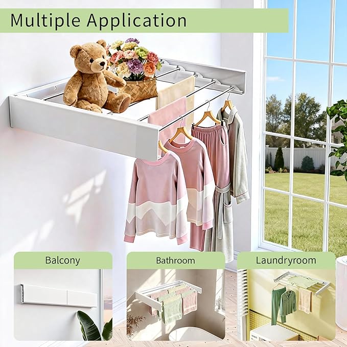 Wall Mounted Drying Rack 31.5'', Foldable Wall Clothes Drying Rack, Space Saving Laundry Drying Rack, Heavy Duty Clothes Drying Rack 5 Rods, Collapsible Clothing Rack for Bathroom Balcony