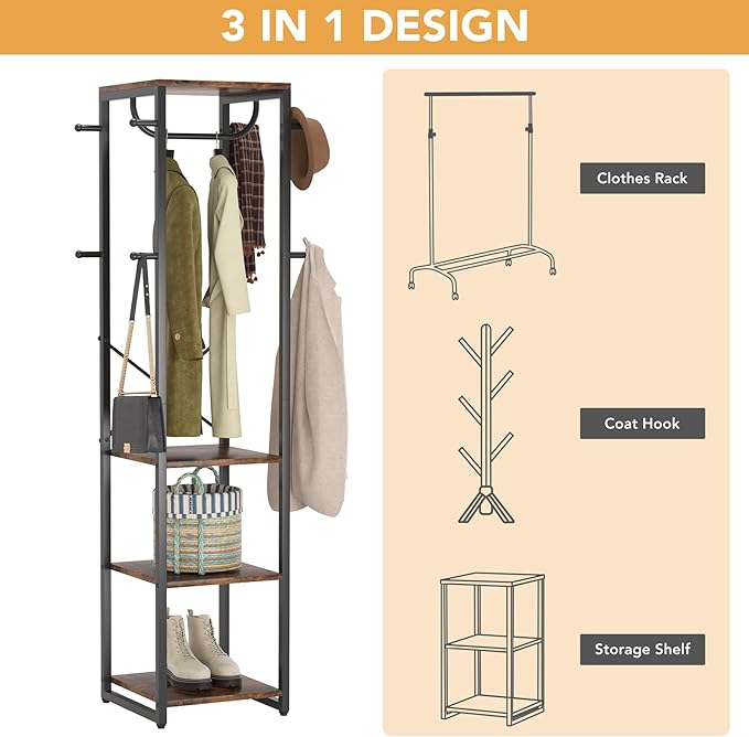 Tribesigns Coat Rack Freestanding with Shelves, Industrial Hall Tree with 4 Shelves and 8 Hooks, Standing Small Clothes Rack Closet Organizer for Entryway, Bedroom