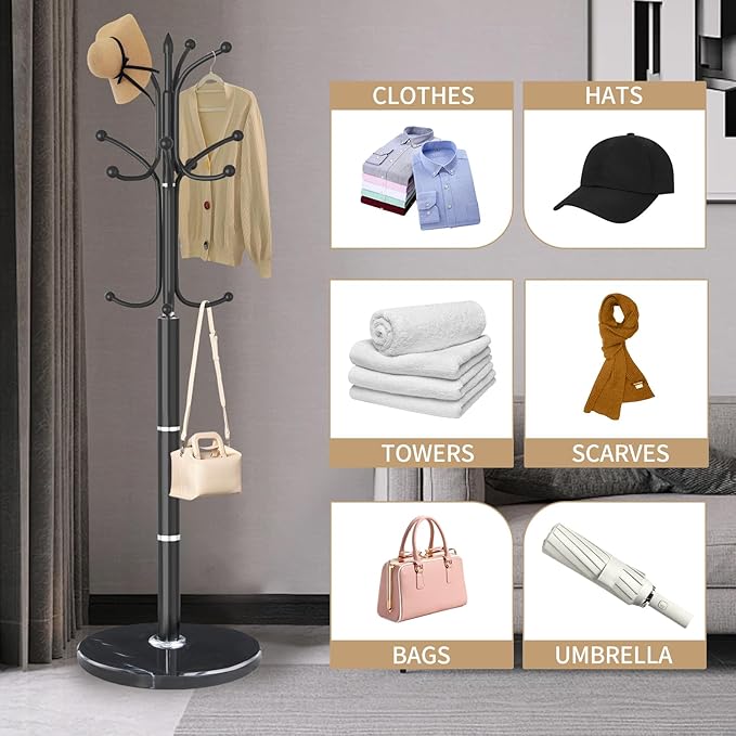 Metal Coat Rack Stand, Modern Freestanding Coat Rack with Natural Marble Base, Black Coat Racks and Coat Hall Tree Hanger Stand for Entryway, Hallway, Office (12 HOOKS)