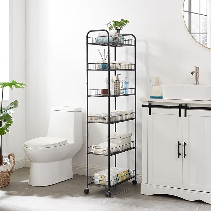 6-Tier Ultra Slim Rolling Storage Cart with Wheels, Narrow Metal Organizer Shelf Unit for Kitchen, Bathroom, Laundry, Office – Black, 6" Wide