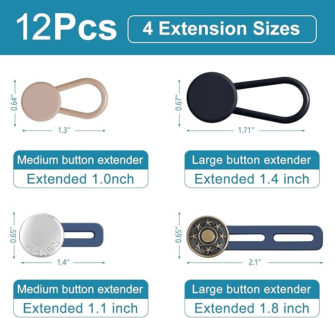12 Pcs Pant Waist Extenders for Jeans, Trousers & Skirts, No Sew Adjustable Button Extenders, 1-1.8 Inches
