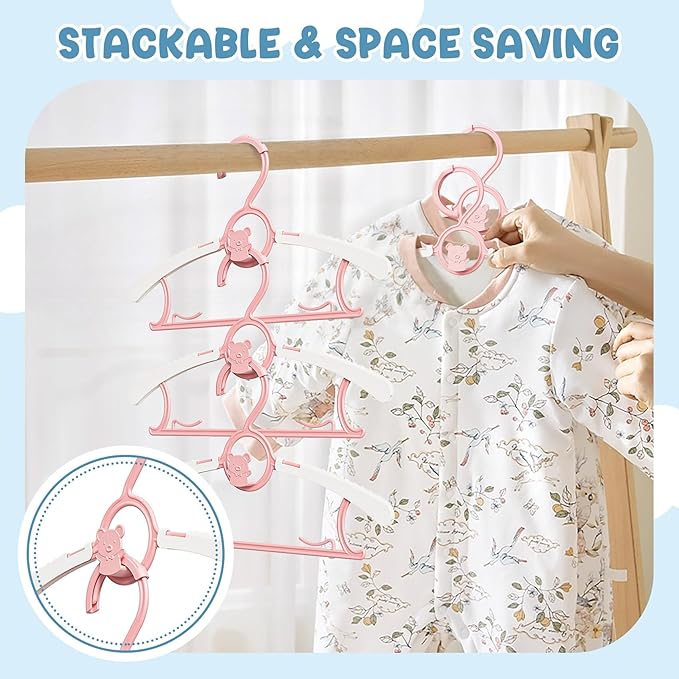 50 Pack Kids Hangers for Nursery Closet, Adjustable Non-Slip Toddler Baby Hangers with Windproof Buckle, 11-14" Infant Child Plastic Clothes Pant Hanger for Boys Girls Newborn Adult, Pink