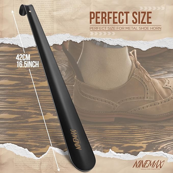 NINEMAX Shoe Horn Long Handle for Seniors Men Women, Metal Long Shoehorn for Boots, Shoe Spoon Helper 16.5''(Pack of 1)