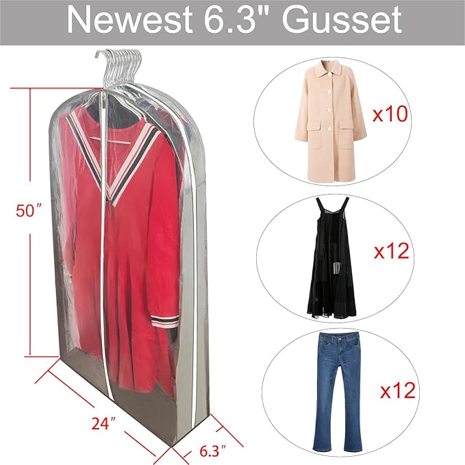 Dress Bags for Gowns Long with 6.3" Gusset, 50" Clear Long Garment Bags for Hanging Clothes, Dresses Covers and Side Zipper Protector for Storage, Overcoat, Trousers, Sweater, 3 Packs