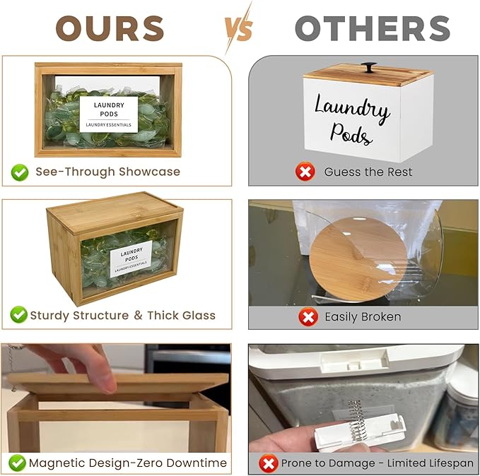 2 Pack Laundry Pods Container, Glass and Bamboo Dryer Sheet Holder with Lid and 6 Labels, Powder Detergent Containers for Laundry Room Organization, Laundry Organizer for Scent Booster