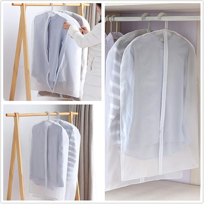 Clear Hanging Garment Bag With Study Zipper Plastic Clothing Dust Cover Closet Suit Protector Storage Bags White 4pcs