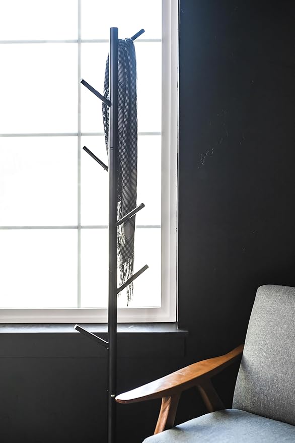 Coat Rack Black Freestanding - Modern Hat and Coat Stand with 6 Hooks - Black Powder-Coated Tubular Steel, Compact 11.0" Base, 66.1" Height for Entryway, Office, or Bedroom Organization