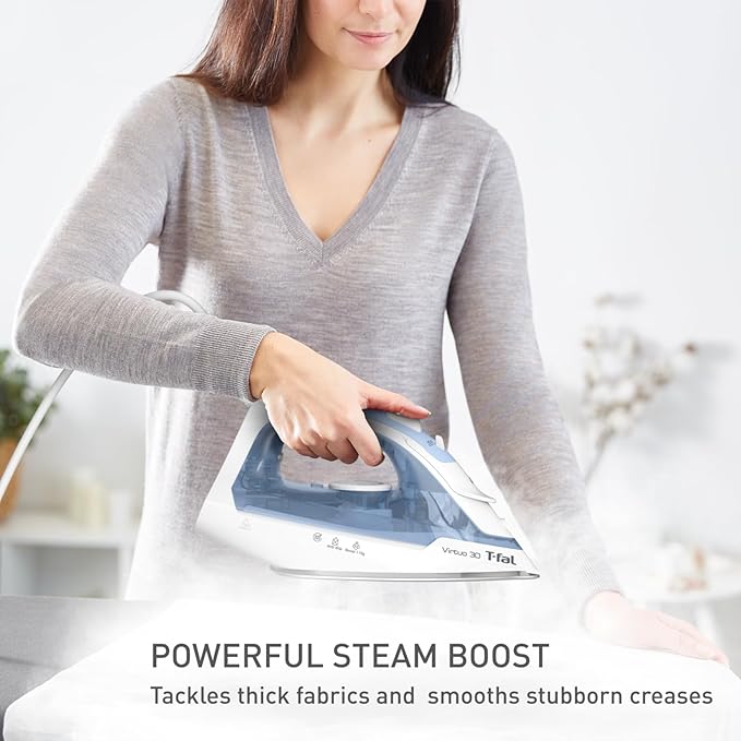 T-Fal Virtuo Steam Iron for Clothes Garment Steamer, Burst of Steam & Spray, Portable Iron and Steamer for Clothes, Ceramic Nonstick Soleplate, 1400 Watts, Anti-Drip, Auto-Off, Easy Ironing, Blue