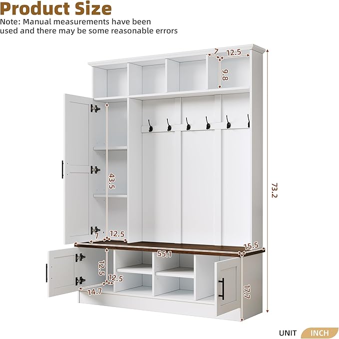 Versatile 3-in-1 Hall Tree, 55" W Modern Entryway Coat Rack with Multiple Storage Space, 6 Hooks, Farmhouse Walnut Storage Bench with Adjustable Shelves for Mudroom, Living Room