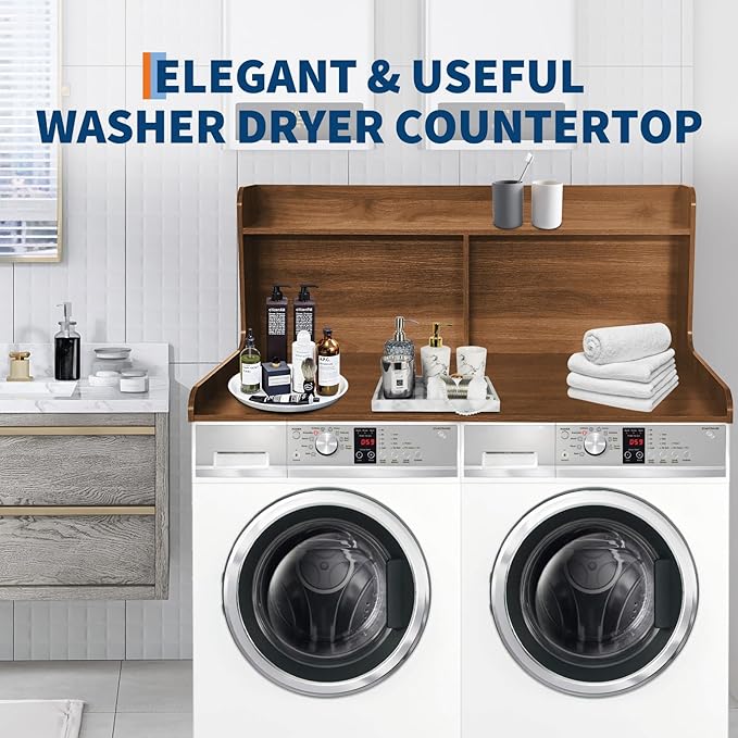 2-Tier Washer Dryer Countertop, 54" W x 27.55" D Laundry Countertop Organization with Non-Slip Pad, Wooden Washer and Dryer Topper for Folding Clothes, Laundry Room Storage