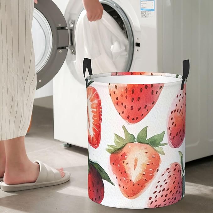 Pink Strawberry Print Laundry Basket For Storage Bins Gift Baskets Bedroom Clothes Hamper