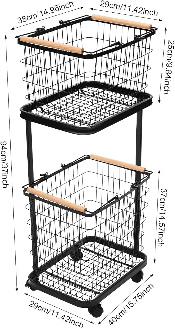 Laundry Basket, 2 Tiers Removable Laundry Baskets Cart Load Bearing Capacity of 88.18 lbs Metal Laundry Basket With 2 Removable Baskets and 4 Universal Wheels for Kitchens Bathrooms Bedrooms (Black)