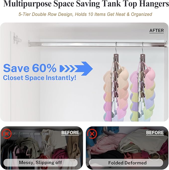 HOUSE DAY Tank Top Hanger, Dual-Row 5 Tier Space Saving Bra Hanger, Premium Lotus Wood Non-Slip Hangers with 360° Swivel Hooks, Closet Organizer for Sports Bras & Tank Tops, Cami (Mahogany 2 Pack)