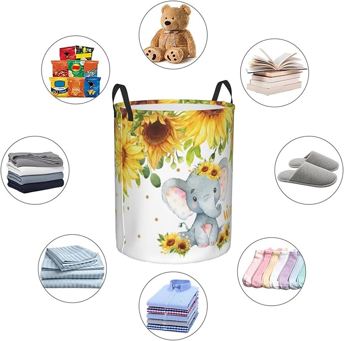Cute Elephant Sunflowers Personalized Laundry Hamper Custom with Name Collapsible Waterproof Storage Basket with Handles for Bedroom Clothes Toys.