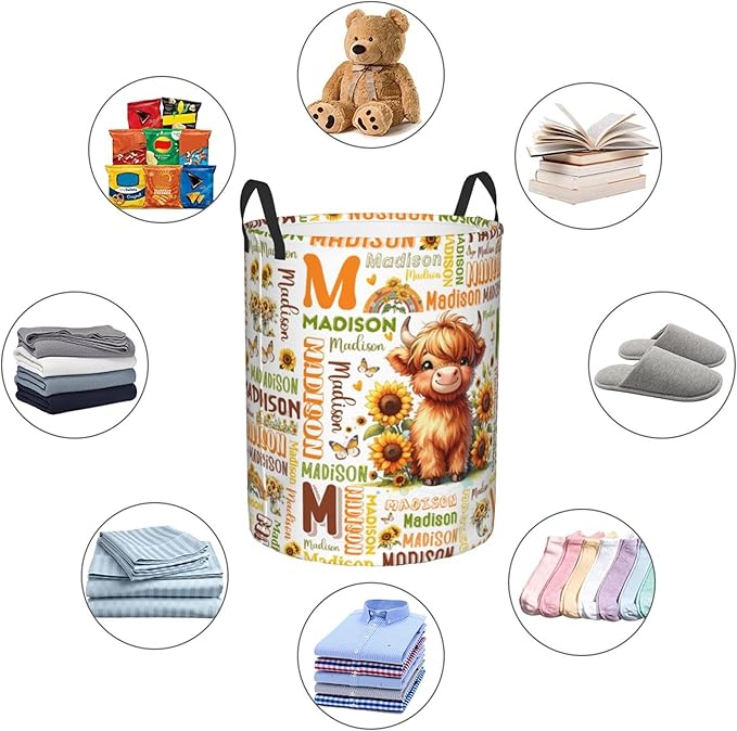 Personalized Highland Cattle Laundry Basket For Baby Kids Girls Adult Custom Hamper Basket With Name For Bathroom Bedrooms Collapsible Baby Laundry Basket, Dirty Clothes Hamper With Handles