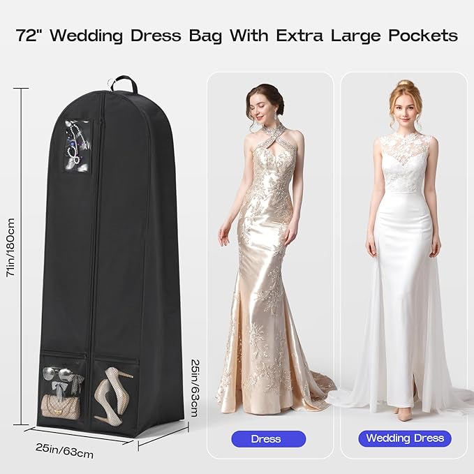 72'' Wedding Gown Dress Garment Bag, 8"/20"'' Gusseted Garment Cover for Puffy Bridal Gowns Cover, Travel Garment Storage Bag for Prom, Cosplay, Evening Gowns (Black, 1Pack 72")