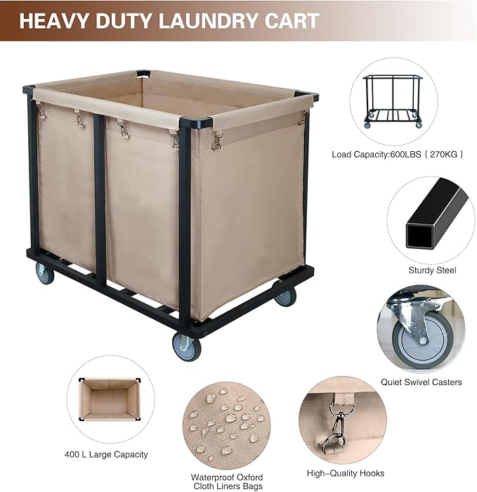 Commercial Laundry Cart with Wheels,600 lbs Industrial Laundry Hamper with Steel Frame and Oxford Cloth Bag,Commercial Laundry Hamper for Home,Hotel,Housekeeping,400L(Khaki)