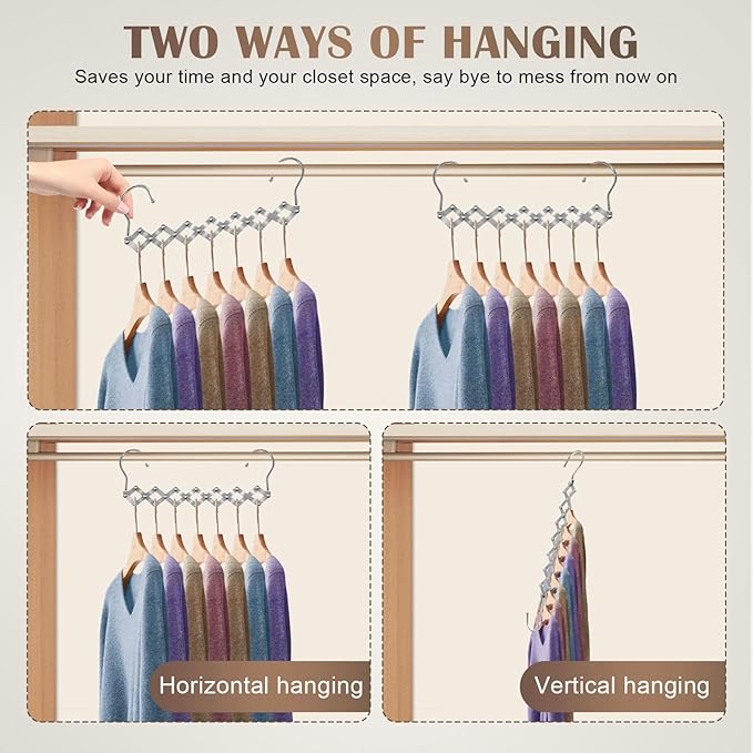 4 Pack Space Saving Hangers for More Than 28 Clothes, Extendable Standard Hangers for Closet, Foldable and Portable, Space Savers for Closet Organizers and Storage, Dorm Room Essentials
