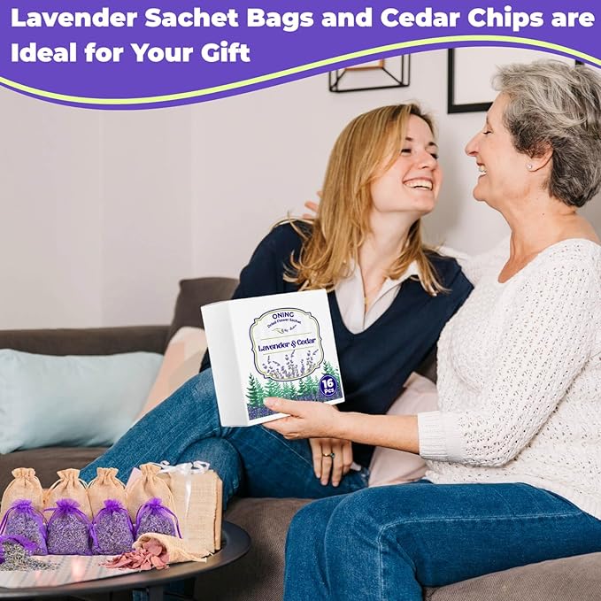 16 Pack Lavender Sachet Bags & Cedar Chips Set - 100% Natural Premium Dried Lavenders Flowers, Cedar Home Fragrance Sachets, Lavenders Sachets for Drawers, Closets, Storage