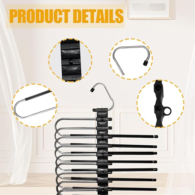 2Pack 9 Layers Foldable Pants Hangers Space Saving Trouser Hanger Multifunctional Trouser Rack Hanger Hanging Hole for Wardrobe Trousers Scarf Jeans (Black)