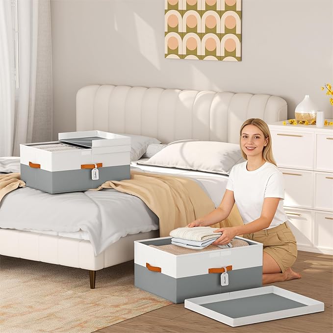 Extra Large Storage Bins - 3 Pack Closet Storage Boxes with Double-Open Lid & Divider Board, Stackable Colthes Storage Organizer, Fabric Basket with Label Tag for Home, Laundry