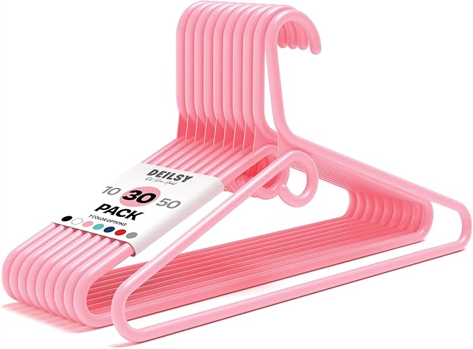 DEILSY™ Pink Heavy Duty Hangers with Hooks for Scarves & Belts – Thick and Strong Clothes Hangers for Shirts, Jackets, Pants, and Dresses – Space-Saving Plastic Hangers – Pack of 30