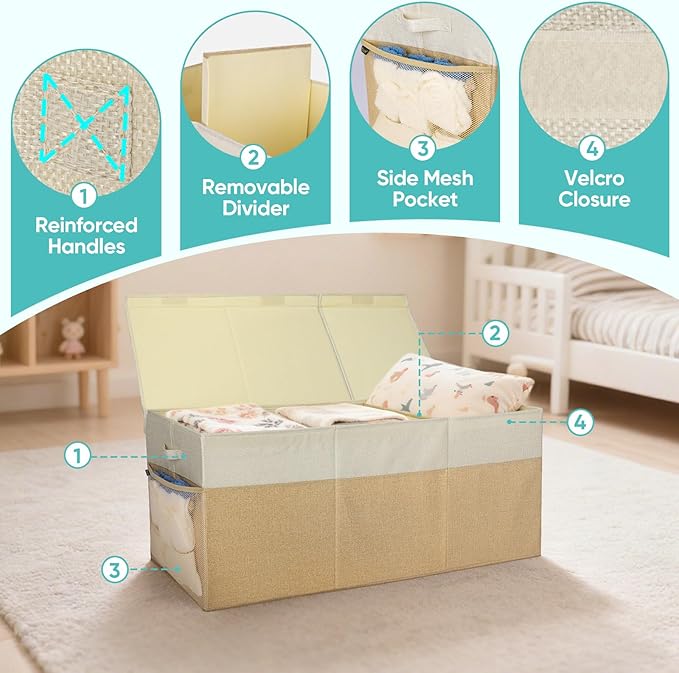 BALEINE Fabric Storage Bins with Lid, Collapsible Extra Large Storage Boxes Bins Baskets with Divider for Home Organizing (37.5"x13"x16", Black&Beige)