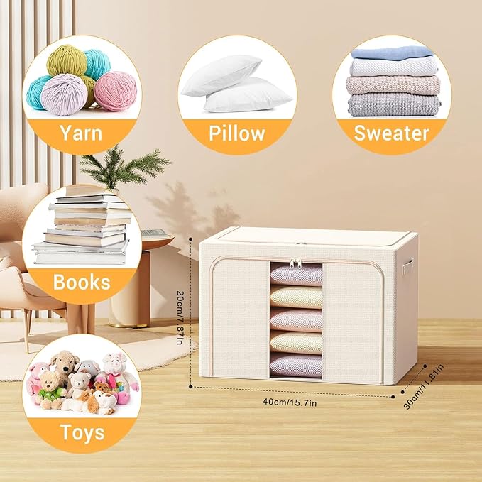 Clothes Storage Bins with Metal Frame Foldable Storage Box Clothes Organizers Storage Containers for Clothes Sheets Blankets Books Toys Gifts and Holiday Decorations (24Lx3 Pack) Beige