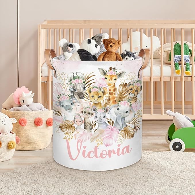 Personalized Laundry Basket, Custom Gift Laundry Hamper, Collapsible Nursery Waterproof Laundry Baskets, Dirty Clothes Toy Hamper with Handles Gold Boho Safari Animals