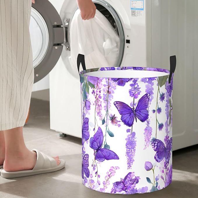 Purple Butterfly Pattern Laundry Hamper, Collapsible Organizer Basket for Bathroom,Laundry,Bedroom 19.6 x15.7 Inch