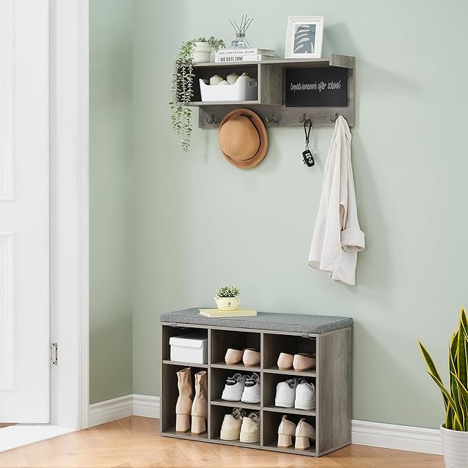 TrailBlaze Hall Tree Shoe Bench Industrial, 31.5 Inch 6 In 1 Coat/Shoe Rack With 5 Hooks 9 Storage Cubbies With Small Blackboard and Bookshelf for Entryway Hallway Living Room (Gray)