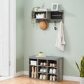 TrailBlaze Hall Tree Shoe Bench Industrial, 31.5 Inch 6 In 1 Coat/Shoe Rack With 5 Hooks 9 Storage Cubbies With Small Blackboard and Bookshelf for Entryway Hallway Living Room (Gray)