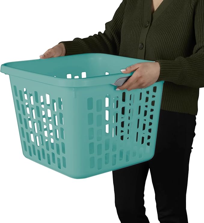1.5 Bushel Square Plastic Laundry Basket with Two Comfortable Handles, Teal Green