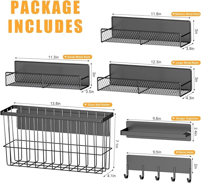 6 Pack Magnetic Shelves for Washing Machine, Magnetic Spice Rack Organizer for Refrigerator, Magnetic Shelf with Hanger Organizer, Metal Magnetic Basket, Laundry Organization and Storage, Black