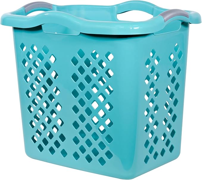 2 Pack Ultra Easy Carry Plastic Laundry Hamper, 2 Bushel Laundry Basket with Silver Handles for Home, Apartment, or Dorm Room, Blue