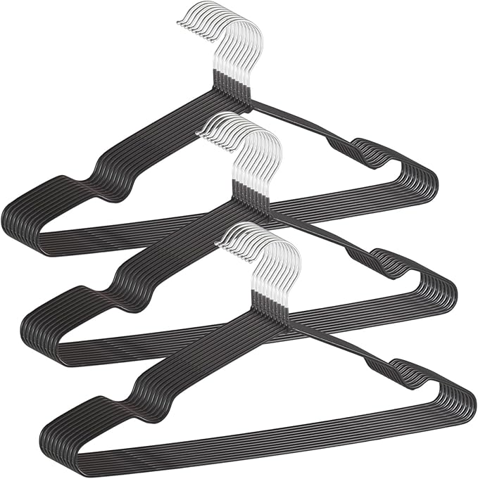 30 PCS Metal Hangers with Rubber Coating, Heavy Duty Non-Slip Clothes Hanger, Suit Hangers with Round Notches, Black Coat Hanger for Strap Dresses Jackets Shirts Pants