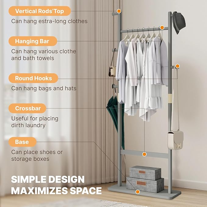 CHANCEE Solid Wood Coat Rack, Freestanding Clothes Rack with Shoe Storage, Heavy-Duty Hall Tree with 5 Hooks, Corner Coat & Hat Stand for Bedroom, Entryway, Living Room, Hotel
