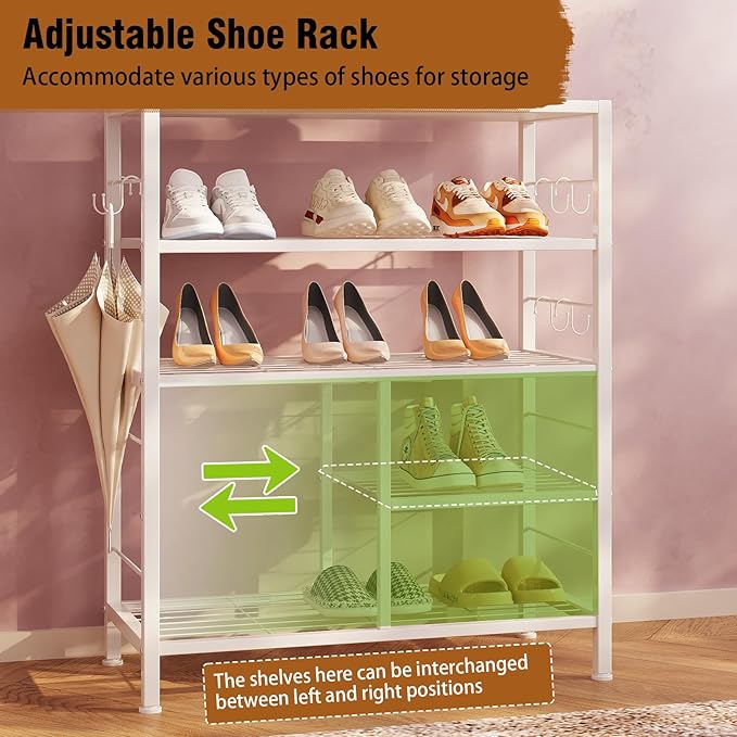 GiftGo Modern White Large 5-Tier Hall Tree Entryway Wooden Shoes Rack Shelf Coat Rack with Movable 9 Metal Hooks Storage Organizer for Home Office Bedroom Mudroom Living Room