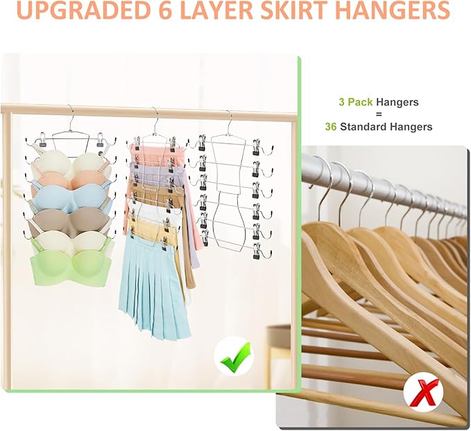 6 Tier Skirt Hangers Organizer, Metal Pants Hanger Space Saving with Adjustable Clips Holds 36 Skirts/Pants/Jeans/Shorts, 3 Pack Tank Tops Bra Hangers w/360°Rotating Hook