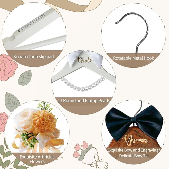 2 Pack Wedding Hangers Gifts Accessories, Groom Bride Hanger for Wedding Dress or Suit, Bridal Hanger with Bow Tie & Exquisite Wrist Flower and Pearl for Bridal Party