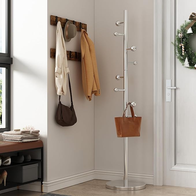 Coat Rack Freestanding Coat Tree with 8 Hooks Heavy Duty Coats Hanger Stand Metal Coats Rack Stand for Jacket Hat Clothes Bag Stainless Steel Hall Tree Hat Racks for Entryway Bedroom, Silver