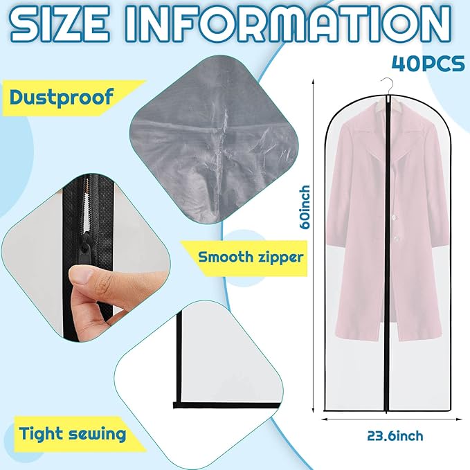 Amylove 40 Pcs 24 x 60 Inch Garment Bags for Hanging Clothes, Dress, Gown, Coat & Suit Storage Bags with Zipper - Dustproof Cover for Closet Clothes Storage Travel (White Black)
