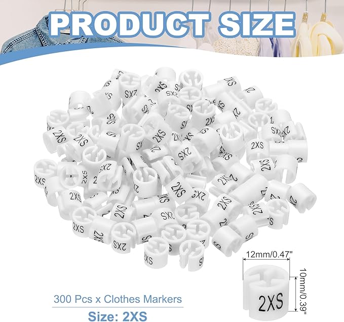 PATIKIL 300 Pcs Clothes Hanger Markers 2XS Fit Rod Garment Size Tag Hanger Clips Round Color Coding Label for Clothing, White