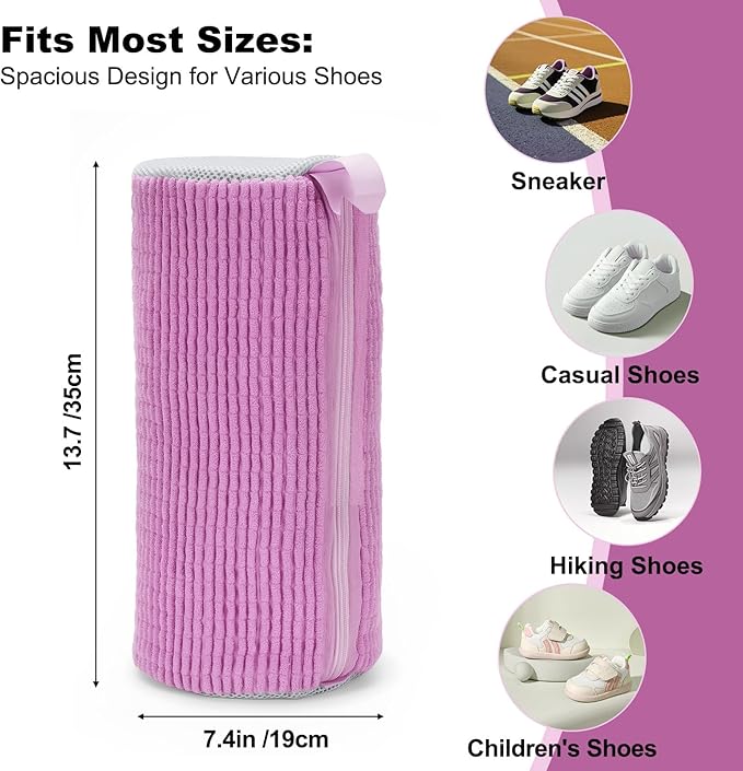 Shoe Washing Machine Bag - Shoe Laundry Bag for Washer and Dryer, Reusable 2 Pack, 360° Deep Cleaning, Self-Locking Zipper, Fits All Sneakers & Tennis Shoes - Purple