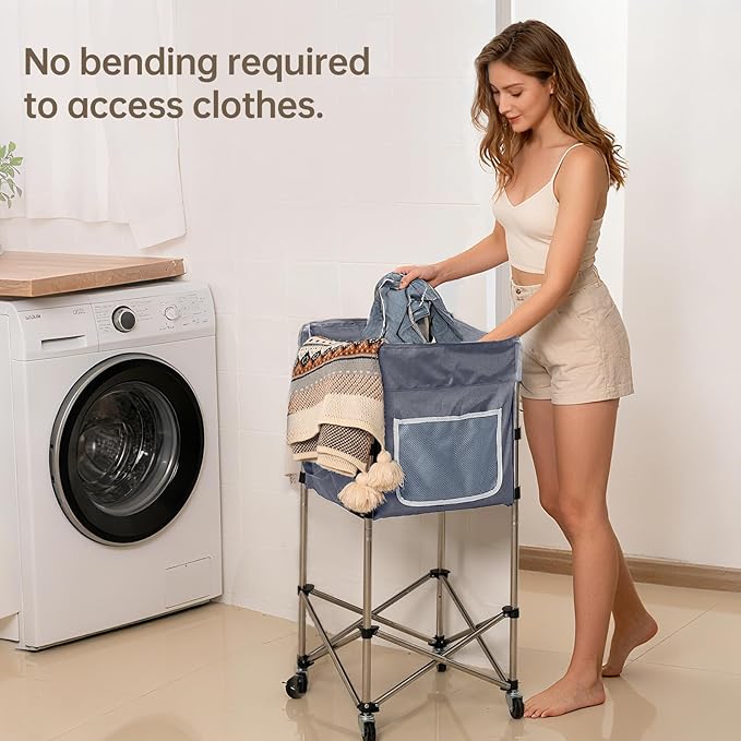 Laundry Cart with Wheels, 35.9"H Stand-Up No-Bend Rolling Laundry Basket, Locking Brakes, 360 Swivel Rubber Wheels, Fold-Flat Space-Saving Stainless Steel Frame, Removable Washable 600D Oxford Bag