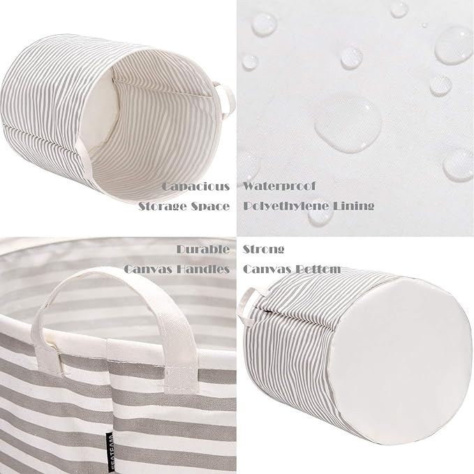 Sea Team 19.7 Inches Large Sized Waterproof Coating Ramie Cotton Fabric Folding Laundry Hamper Bucket Cylindric Burlap Canvas Storage Basket (19.7", Grey & White Stripe)