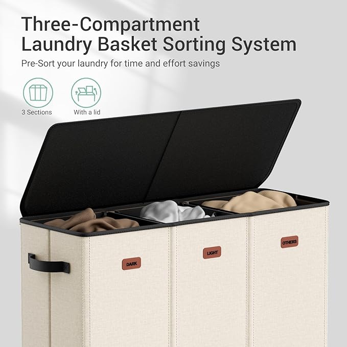 185L Laundry Hamper 3 Section with Lid, Beige Clothes Hamper with 3 Removable Laundry Bags, Large Laundry Basket for Bedroom, Laundry Room, Dorm